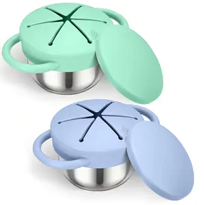 Toddler Snack Cups Stainless Steel for Kids, 2Pack 3-in-1 Snackle Containers with Spill-Proof Silicone Lids,Handles, Metal Baby Snack Box No-Spill for On-The-Go, Travel - Green and Blue