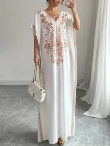 Women's Casual V-Neck Batwing Sleeve Dress, Ethnic Pattern Loose-Fit Long Dress for Beach Vacation and Daily Home Wear