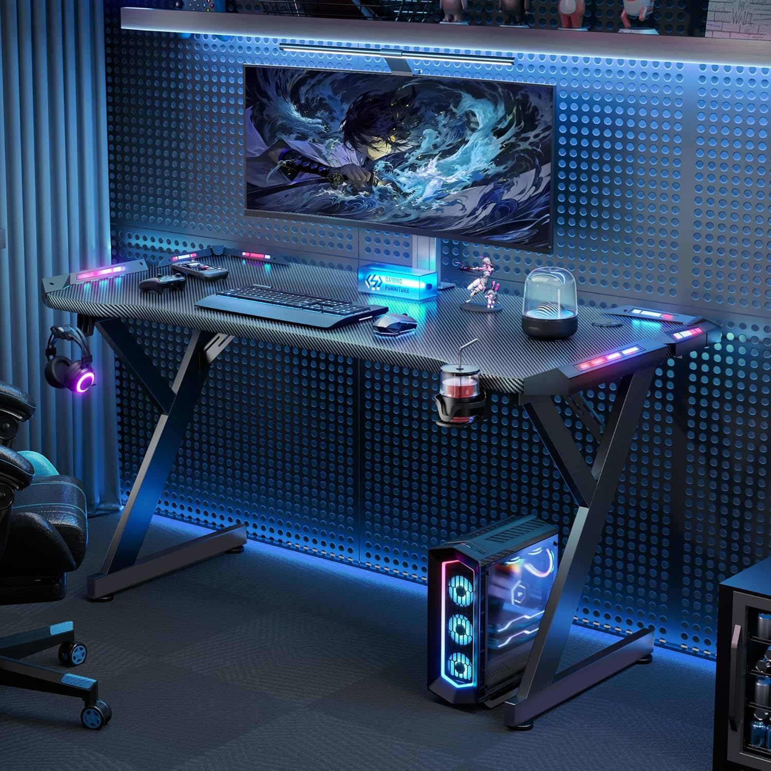 Gaming Desk with LED Lights, Home Office Gamer Desk, Ergonomic Computer Table with Large Carbon Fiber Desktop, Office Workstation, Cup Holder & Headphone Hook summerwins,dorm essentials,home decor