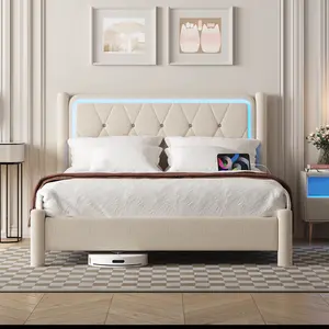 CollaredEagle Modern linen fabric softbox headboard panel, dual-style headboard, LED light with colorful lighting effects, no spring mattress required, wooden slat support, available in Full Size/Twin