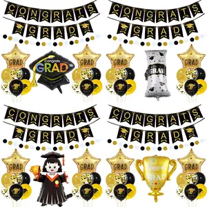 2026 Graduation Party Supplies Complete Kit, Black Gold Congrats Grad Banner with Graduate Foil Balloons Latex Confetti Balloons for Grad Party Home Decor, Graduation Gift