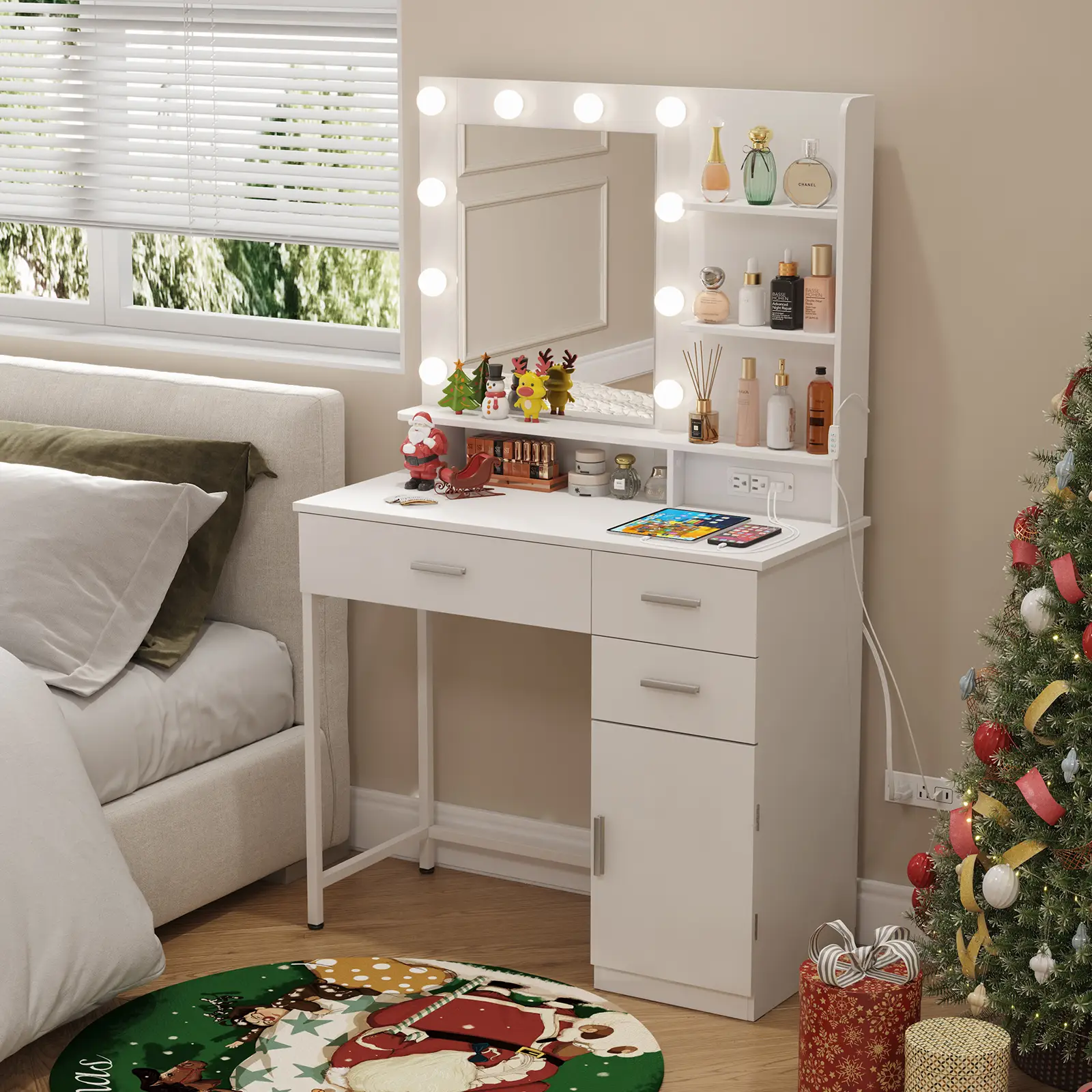 Lifewit Vanity Desk with Mirror and Lights, White Makeup Dressing Table Stool Set with 3 Drawers&Power Strip