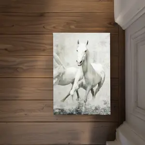 360 stand Polyester Loop Door Mat Rug - CODM1724H8C5J7, 17x24 in, 2 White Running Horses Design, Rustic Charm Farmhouse Look, Indoor/Outdoor Household Textile Decor, Animal Design Doormats, Barn-Themed Doormats