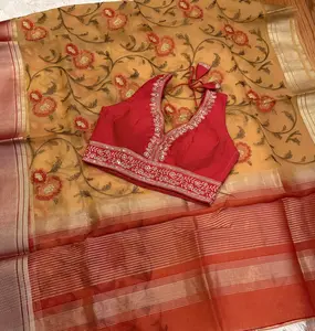 Women's Mustard Cotton Embroidered Saree with Red Zari Border, Stitched Blouse, Golden Fabric, Women's Clothes & Costumes Overall