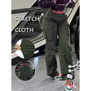 Women's Plain High Waist Cargo Pants, Casual Comfort Basic Y2K K-Pop Style Streetwear, Pocket Trousers for Daily Wear, Womenswear for Fall & Winter, Going Out Bottoms, Baggy Pants