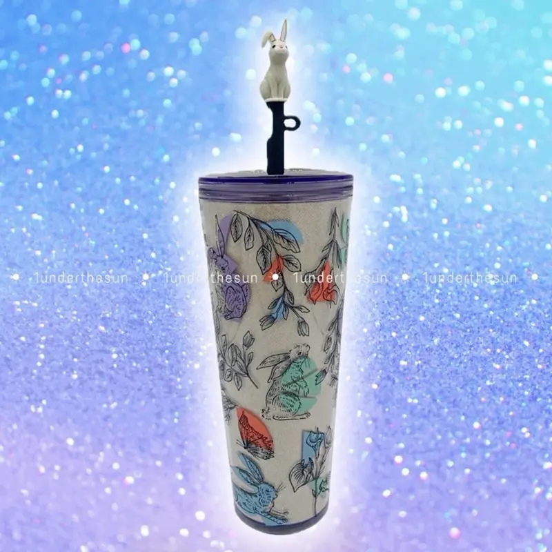 2024 Limited Edition Starbucks 24oz Collectible Tumbler - Bunny Topper, Rabbit & Butterfly Design, Silver Glitter Finish, Easter-Exclusive