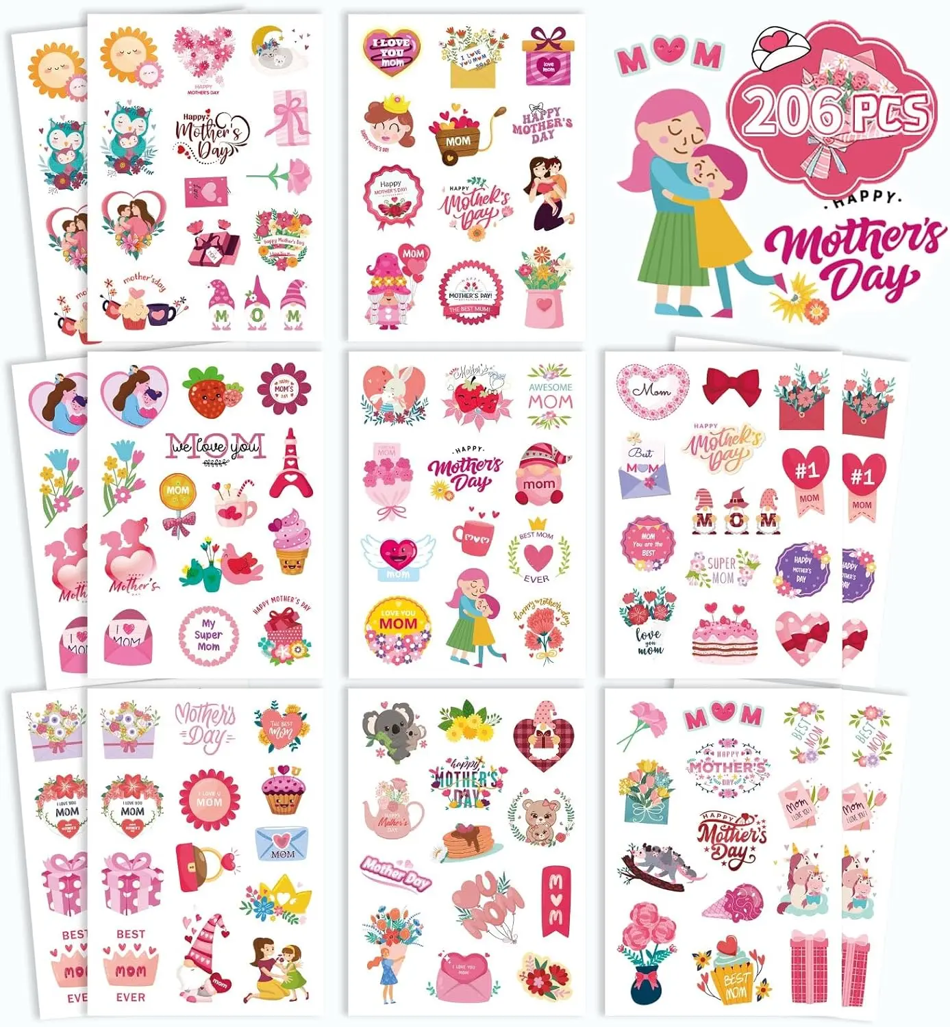 Happy Mothers Day Stickers, 206pcs Mom Stickers for Mother's Day Gift