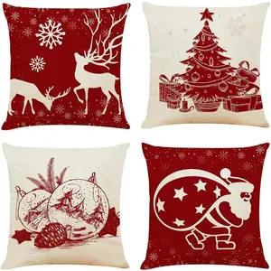 SUNNYGLADE 4PCS 18"x18" Christmas Decorative Pillow Covers Cotton Linen Watercolor Print Square Cushion for Sofa Couch Bed Hidden Zipper Gift