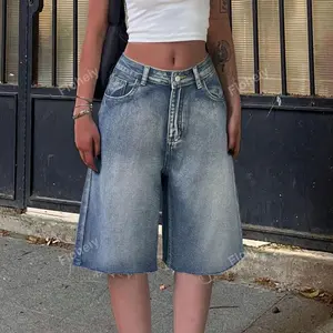 Y2K Vintage Slant Pocket Fringe Hem Wide Leg Bermuda Jeans Denim Jorts Casual Shorts