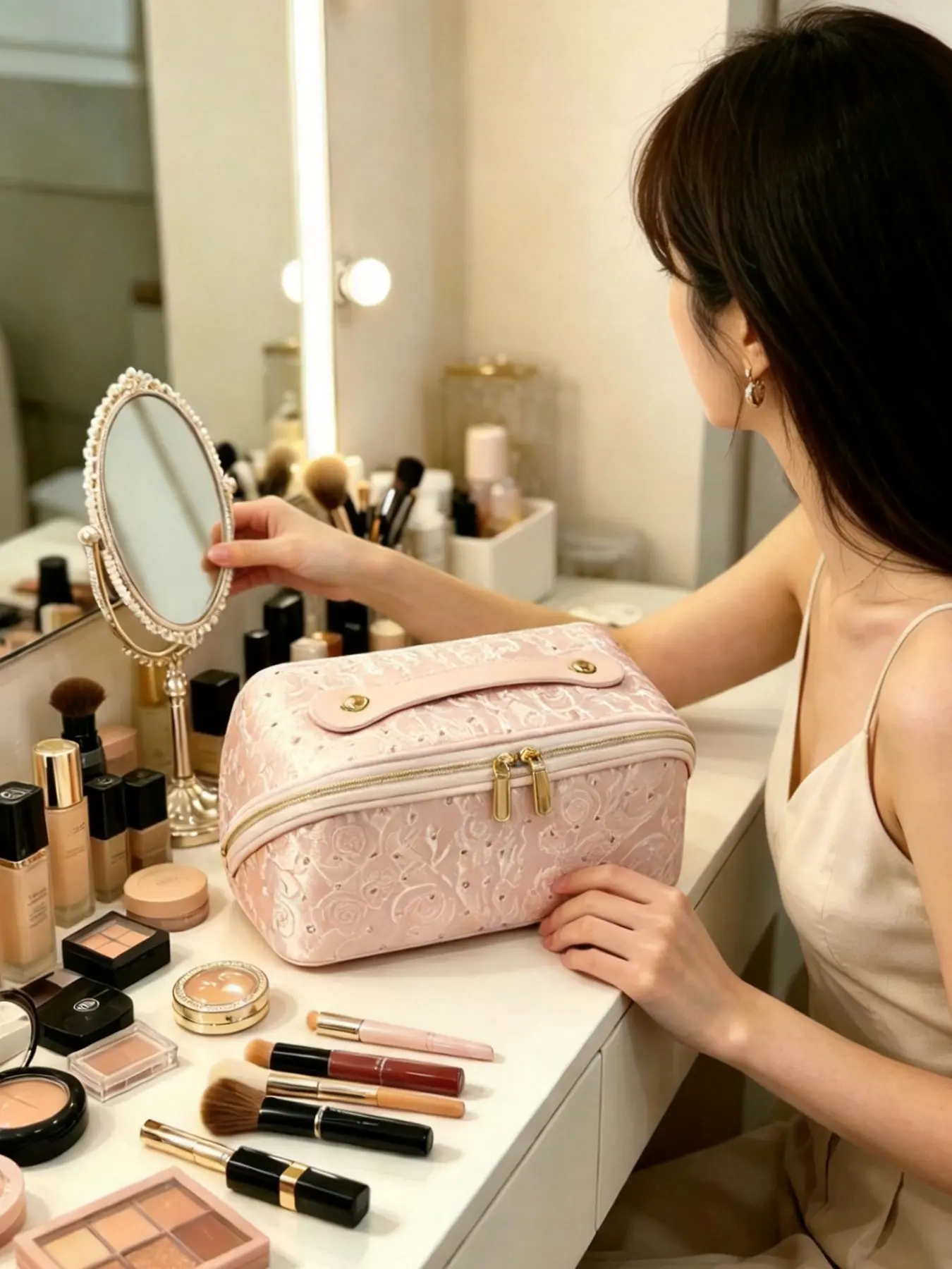 New Korean Style Luxury Rose Embroidered Diamond Makeup Bag, Large Capacity Portable Travel Organizer, Waterproof Durable Fabric
