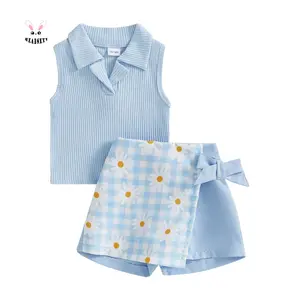 Toddler Girl 2Pcs Summer Outfit, Sleeveless Collared Tank Top + Floral Skort Sweet Casual Set