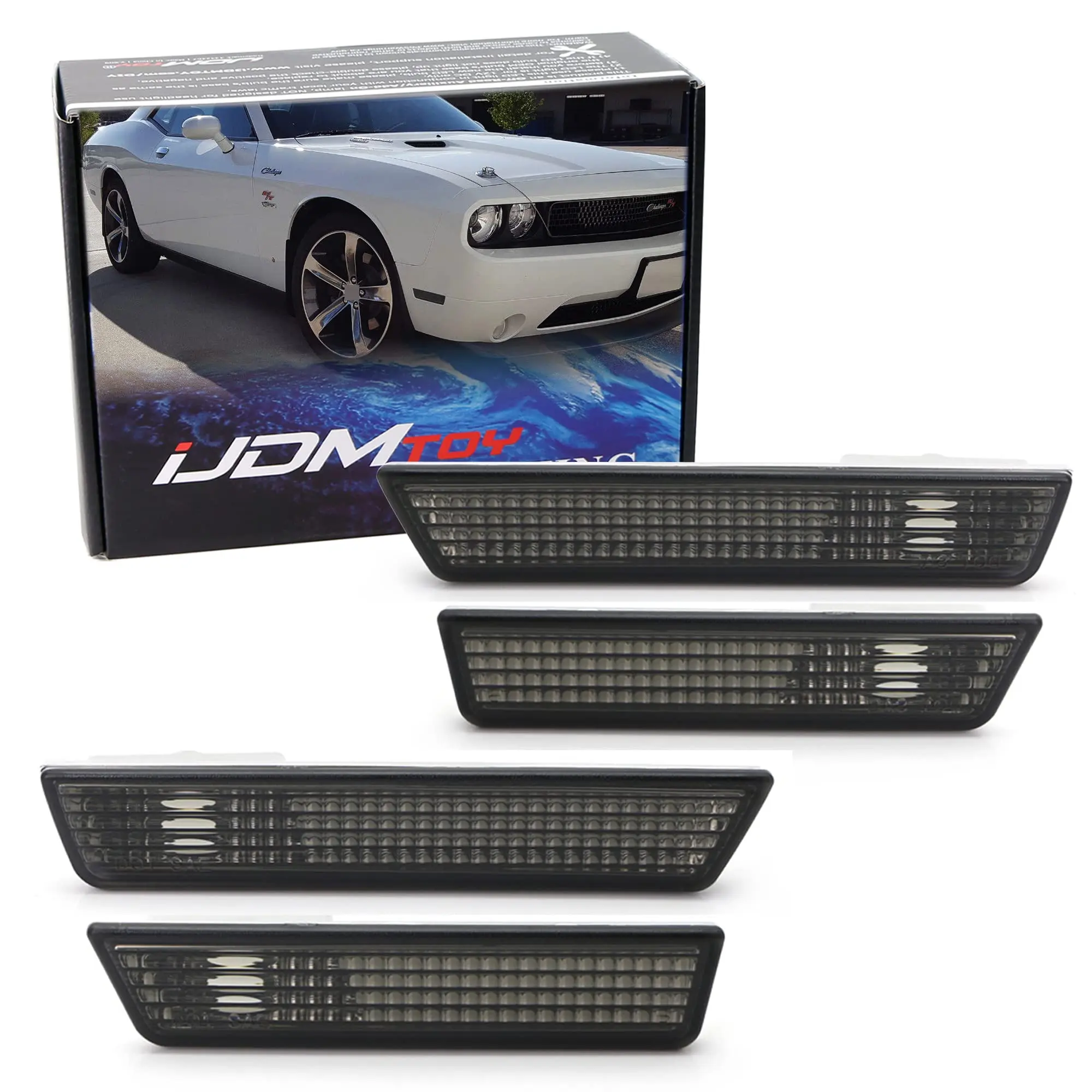 iJDMTOY Complete Smoked Lens Sidemarker Lamp Housings For 2008-14 Dodge Challenger, (4) Side Marker Lenses Front & Rear Bumpers