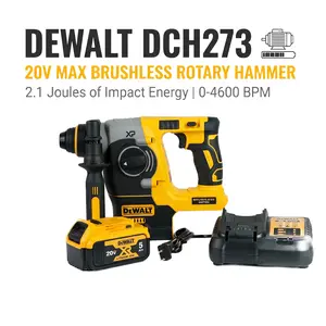 DeWalt DCH273 Brushless Rotary Hammer – 2.4J Impact Energy, 4600 Max BPM – Drills 4‑12mm Holes Perfectly – 6/8/10/12mm Bits – 360° Adjustable Aux Handle – Full Kit with Battery & Charger – Great for Overhead Drilling and Anchor Setting