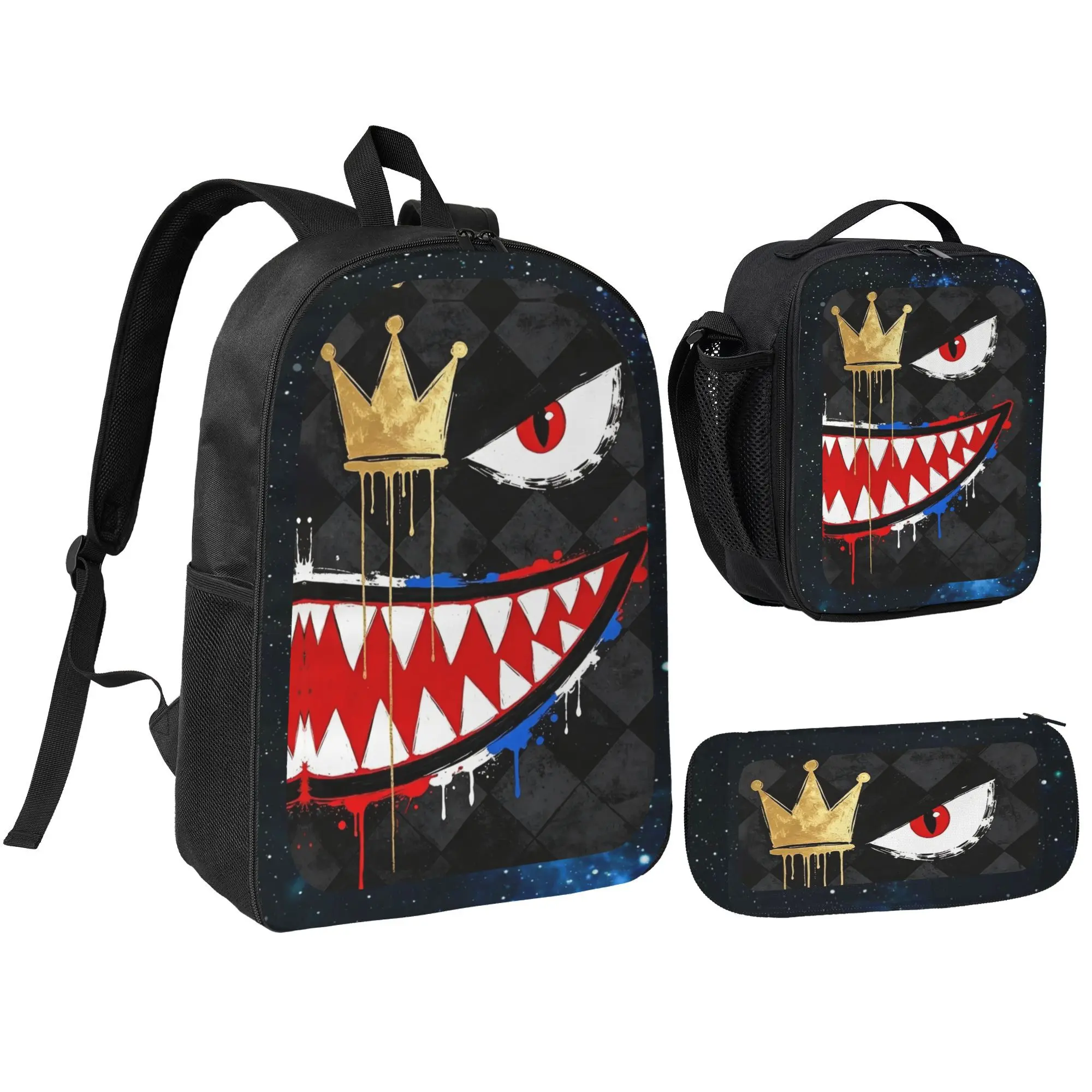 Monster Shark Streetwear Backpack Set, Bold Graphic School Bag with Lunch Bag & Pencil Case, Cool Gift for Kids Teens