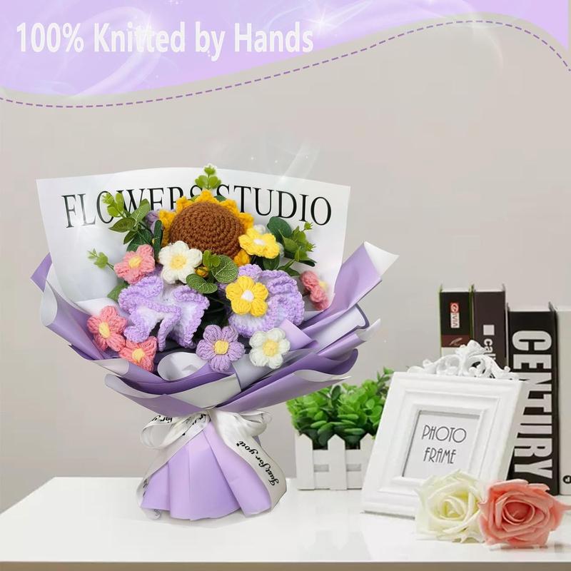 Crochet Flowers, Crochet Flower Bouquet, Sunflower, Handmade Flowers, Knitted Flowers, Pink Roses, Carnation, Tulip, Preserved Flower for Mother's Day, Valentine's Day, Birthday