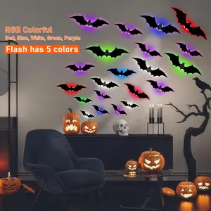 VKK 3D Bat Light Design LED Decorations 12pcs Set Spooky Ornaments for Home Party Festival Halloween Easy Install Wall Stickers Smooth Application - Decorative with 5 Color Modes for Versatile Ambiance