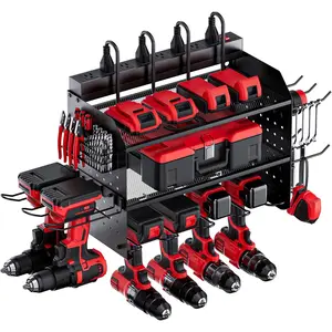 Power Tool Organizer Wall Mount, 3-Layer Charging Station with 8 Outlets, 6 Drill Holders and Drill Bit Rack, Efficient Organized Storage for Garage, Workbench and Workshop (Black)