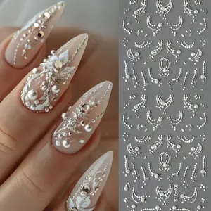 6-Piece 5D Rhinestone Lace Wave Nail Art Stickers, Self-Adhesive Wedding Season Nails, Y2K Princess Style, Ocean Design