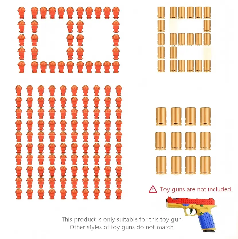 Toy bullet set, durable and safe toy set, gift for toy pistol lovers-quick filling design, reusable-shooting game accessories, including 12 plastic casings and 100 bullets.Designated toy gun,Give 2 stickers at random.