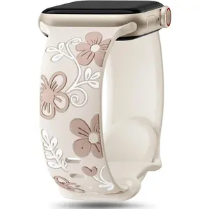 Floral Band Compatible with Apple Watch Bands For Women 40mm 41mm 38mm 42mm 44mm 45mm 46mm 49mm, Engraved Cute Flower Silicone Dressy Strap for iWatch Series 11 10 9 8 7 6 5 4 3 2 SE Ultra, Personalized, Wearable