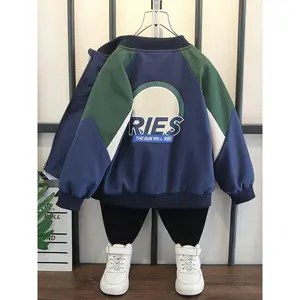 Boy's Casual Vintage Color Block Loose Baseball Jacket with Zipper, Rise Letter with Circle Print for Spring And Autumn Kids Outwear