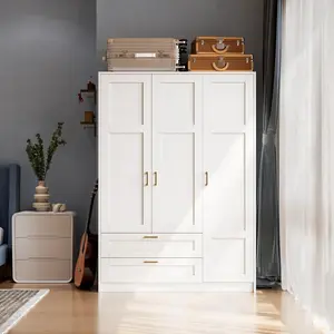 66" White Wooden Storage Cabinet, Large Capacity Freestanding Storage Cabinet with 3 Doors, 2 Drawers, Shelves & Hanging Rod for Bedroom, Cloakroom & Entrance Hall