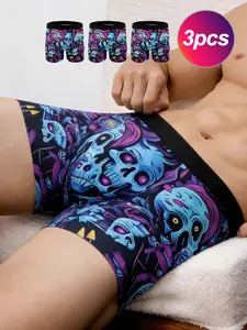 3-Pack Men's Skull Graffiti Print Briefs, Street Punk Style Breathable Boxer Shorts, Loose-Fit Casual Underwear for All Seasons