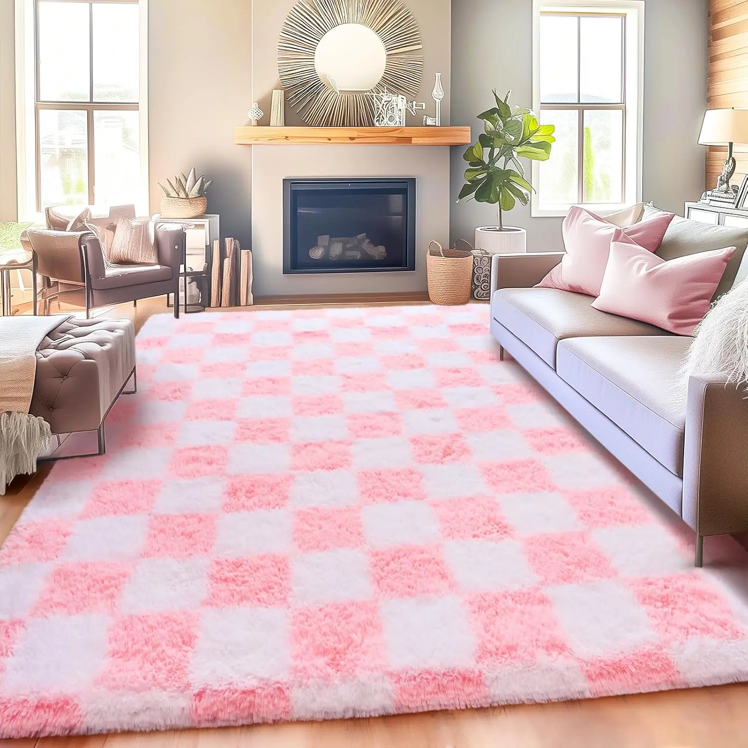 Checkered Rugs for Bedroom Ultra Fluffy Fuzzy Shag Area Rug for Living Room, Modern Plush Soft Upgrade Non-Slip Carpet for Kids Girls and Boys Room Dorm Nursery Home Decor