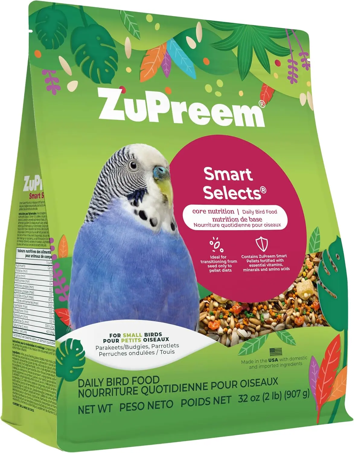 Smart Selects Daily Bird Food for Parakeet, Budgie, Parrotlet, Dove, Bird Pellets and Seed Blend, Core Nutrition for Small Birds, Made in USA, Parakeet Food, Budgie Food (S, 2 lb)