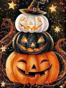 5D Diamond Painting Kit Stacked Orange Black White Jack O Lantern Witch Hat Glitter Star Dark Background Halloween Crystal Rhinestone Wall Art Decor Gift