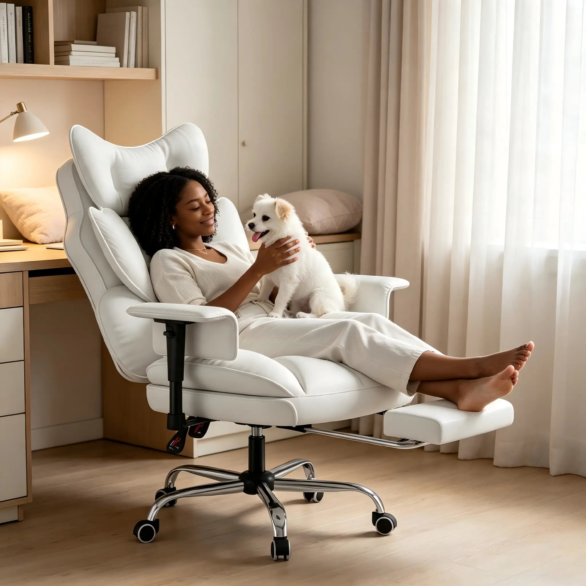 【With my Puppy!!】Mr IRONSTONE Big and Tall Ergonomic Reclining Office Chair, 350LBS Gaming Desk Chair with Retractable Footrest & Adjustable Armrests, 135° Recline, Wide Cloud Comfort Cushion Eases Lower Back Pain Home Office Baby Pink