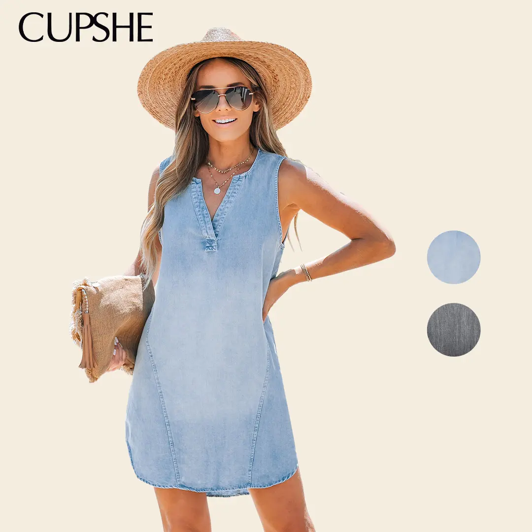 Cupshe Women's Woven V-Neck Denim Dress, Sleeveless Mini Birthday Outfit for Weekend Brunches and Beach Outfits, Summer  Casual Wear, Woven Texture, Basic #tiktokshopbacktoschool