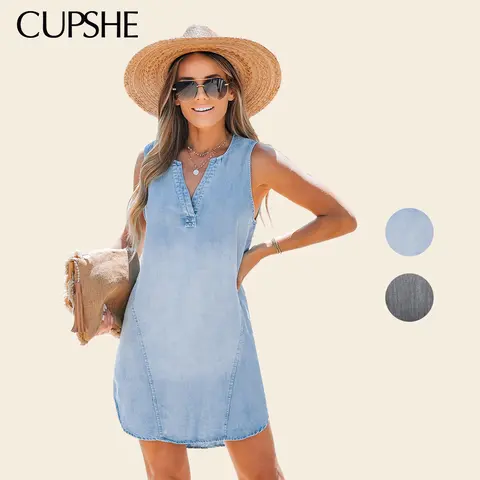 CUPSHE Women's 100% Cotton Imported Medium Weight Non Stretch Woven V-Neck Sleeveless Closed-Back A-Line Minimalist Denim Casual Chic Mini Dress, Daily Basic Comfortable Wear for Weekend Brunches, Birthday Events