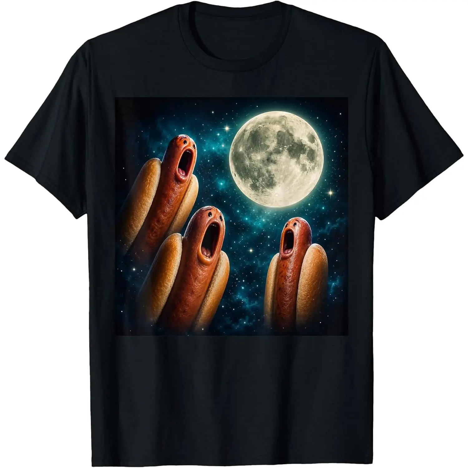 Women's Men Three Magical Hotdogs Howling at the Moon Funny Meme T-Shirt Summer Pure Cotton Short Sleeved Streetwear Gifts Unisex