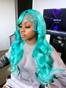 Bright Aqua Blue 28" Wave Lace Front Wig 13x4 HD Transparent Lace Pre-Plucked Hairline Heat-Resistant Synthetic Hair for Women Party & Daily Wear Synthetic Material Wigs