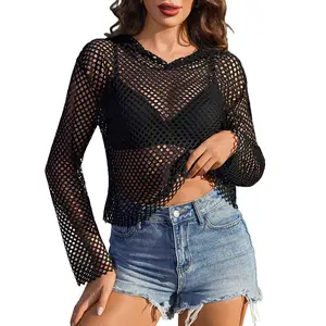 Avidlove Women's Fishnet Top Hoodie Long Sleeve Mesh Shirt Pullover Sweatshirt Rave Festival Clubwear Hollow Out Cover Up