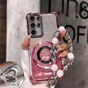 WWH Shockproof Glitter Plating Magsafe Bracket Bead Bracelet Case for Samsung Galaxy S25 S24 S23 S22 S21 S20 Note 20 Ultra Plus FE