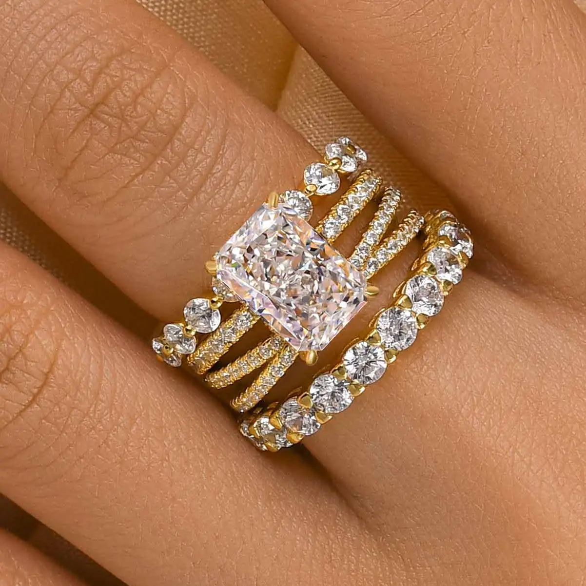 Effinny Tarnish-Resistant Radiant Cut 3.5ct 4PC 14K Gold Plated Wedding Ring Set, 925 Sterling Silver CZ Travel-Friendly Jewelry Promise, Bridal Luxury Wedding Accessories, Marriage Ring, Bridal Ring Sets