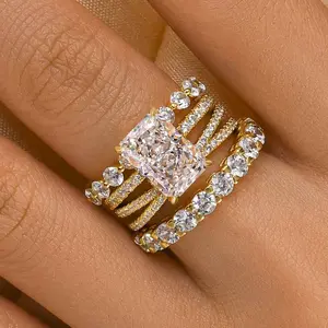 Effinny Tarnish-Resistant Radiant Cut 3.5ct 4PC 14K Gold Plated Wedding Ring Set, 925 Sterling Silver CZ Travel-Friendly Jewelry Promise, Bridal Luxury Wedding Accessories