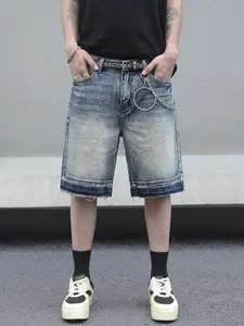 Men's Summer Vintage Washed Blue Gradient Denim Shorts, Loose-Fitting Mid Waist, Casual Zipper Fly, Plain Pattern, Versatile Five-Quarter Pants