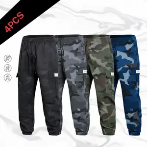 Men’s summer camouflage cargo jogger four piece set, American street style, large side pockets, drawstring elastic waistband, jogger fit suitable for men’s everyday outdoor casual wear