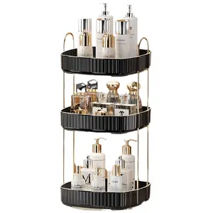 Rotating Makeup Organizer for Vanity Large Spinning Bathroom Counter Organizer Shelf Holder for Cosmetics Skin Care Lipsticks 3 Tiers Perfume Rack Kitchen Boxes Multifunctional ABS Plastic & Gold Metal Stand Easy Install Durable Gift Household Traditional