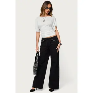 Grommet Tie Waist Low Rise Baggy Jeans