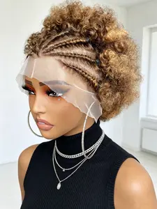 Braided Puff Style black color 13x4 lace pixie cut human hair wigs for women short afro curly with daily party cosplay use hair wig