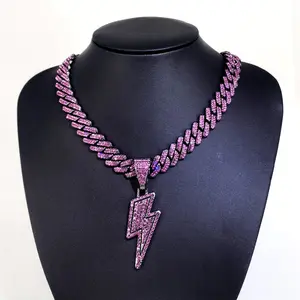 Unisex Iced Bling Disco Ball Rhinestone Pollyanna Crystal Bead Necklace, Pink Lightning Bolt, Alloy Chain for Baseball & Softball Enthusiasts