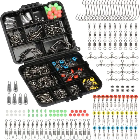 Fishing Accessories Kit, Fishing Set with Tackle Box, Fishing Hooks, Weights, Jig Heads, O-Rings, Barrel Swivels, Fastlock Snaps, Fishing Beads, Space Beans - Freshwater & Saltwater Fishing