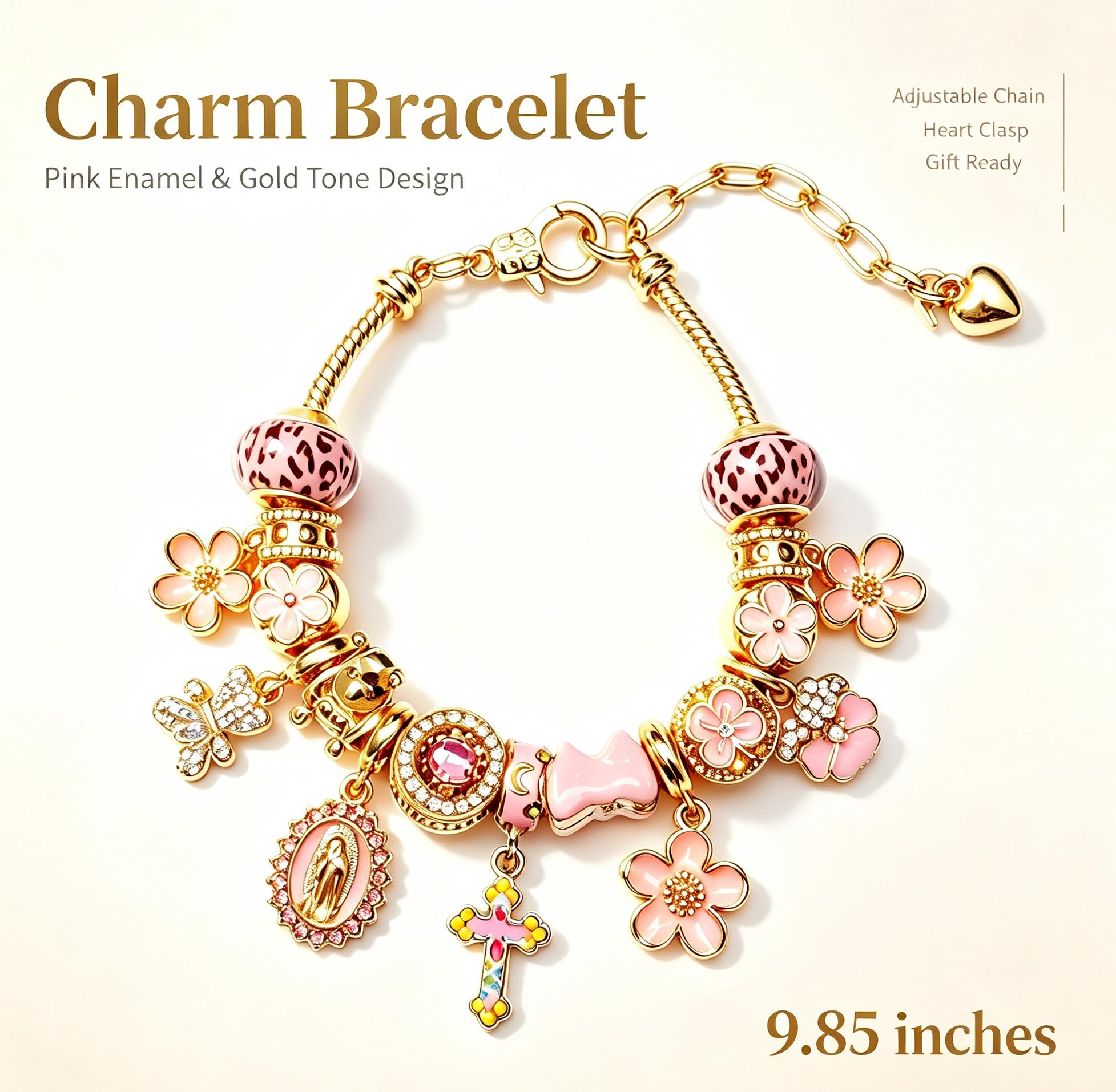 Pink Enamel Leopard Print Flower Charm Bracelet, Gold Tone Adjustable Chain Cross Virgin Mary Butterfly Beaded Bracelet, Fashion Dainty Jewelry Gift for Women