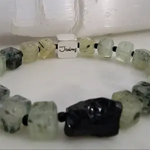 Classic JealouzJewelry Black Tourmaline Prehnite Lucky 8mm Gemstone Beaded 10mm Sterling Silver Cube Bracelet August Green Birthstone