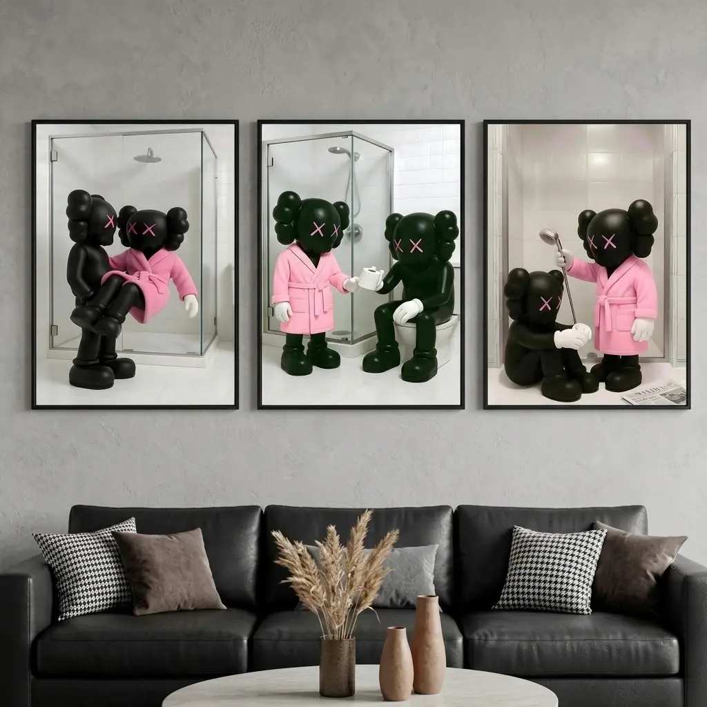 Two Black KAWS Couple Pink Robe Bathroom Scene Poster Print Unframed Set of 3, Hypebeast Bathroom Wall Art, Funny Bathroom Hypebeast