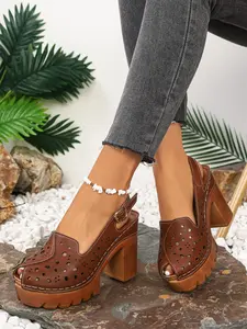 Summer Plus Size Women's Hollow Out High Heel Chunky Strap Sandals, Fashion One-Strap Buckle Backless High Heel Shoes